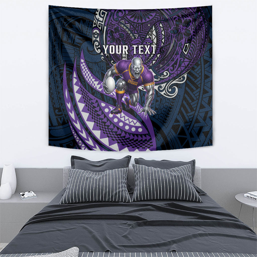 Personalised Melbourne Storm Tapestry Polynesian Tribal Art Style With Cyborg Storm Mascot