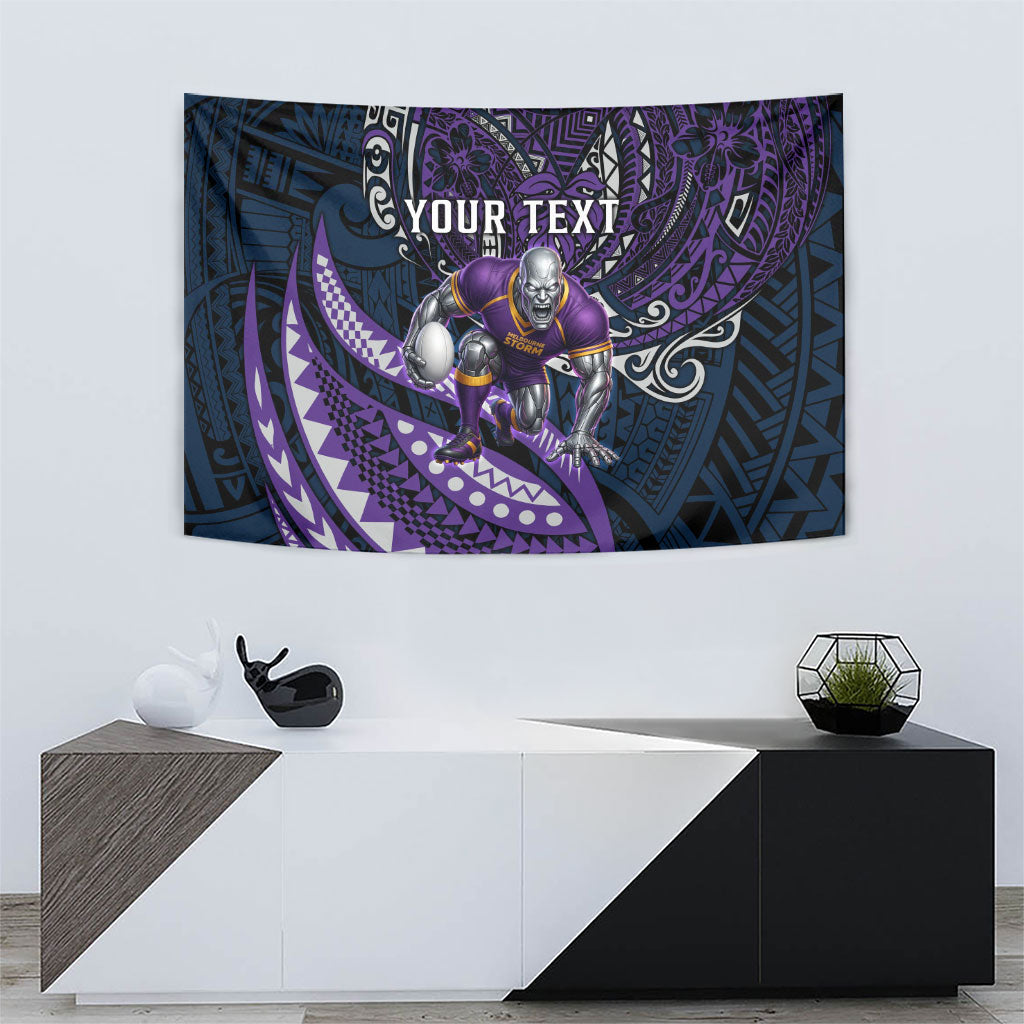 Personalised Melbourne Storm Tapestry Polynesian Tribal Art Style With Cyborg Storm Mascot