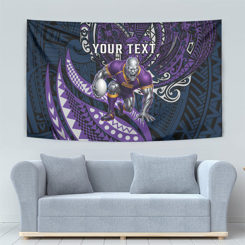 Personalised Melbourne Storm Tapestry Polynesian Tribal Art Style With Cyborg Storm Mascot
