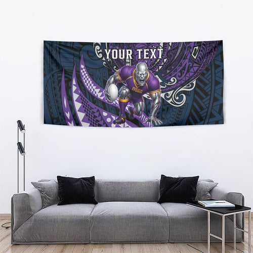 Personalised Melbourne Storm Tapestry Polynesian Tribal Art Style With Cyborg Storm Mascot
