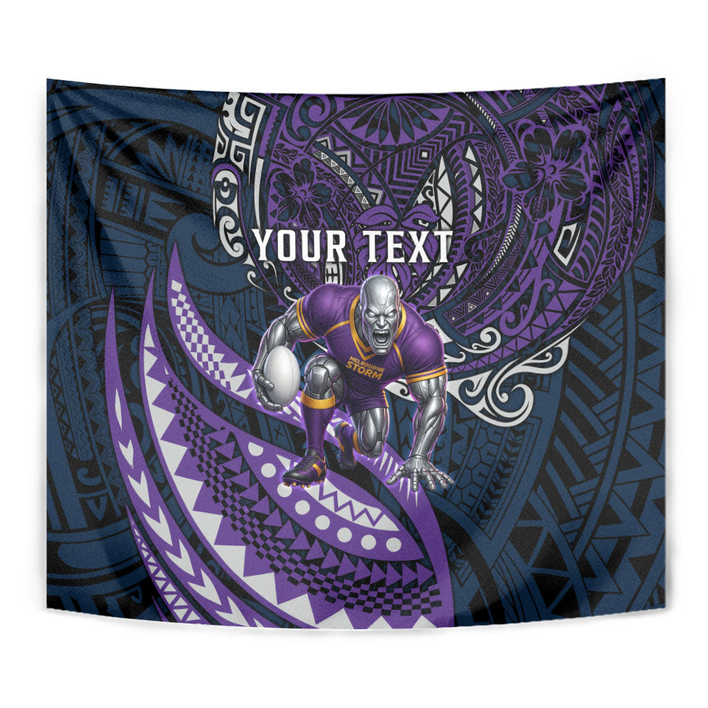 Personalised Melbourne Storm Tapestry Polynesian Tribal Art Style With Cyborg Storm Mascot