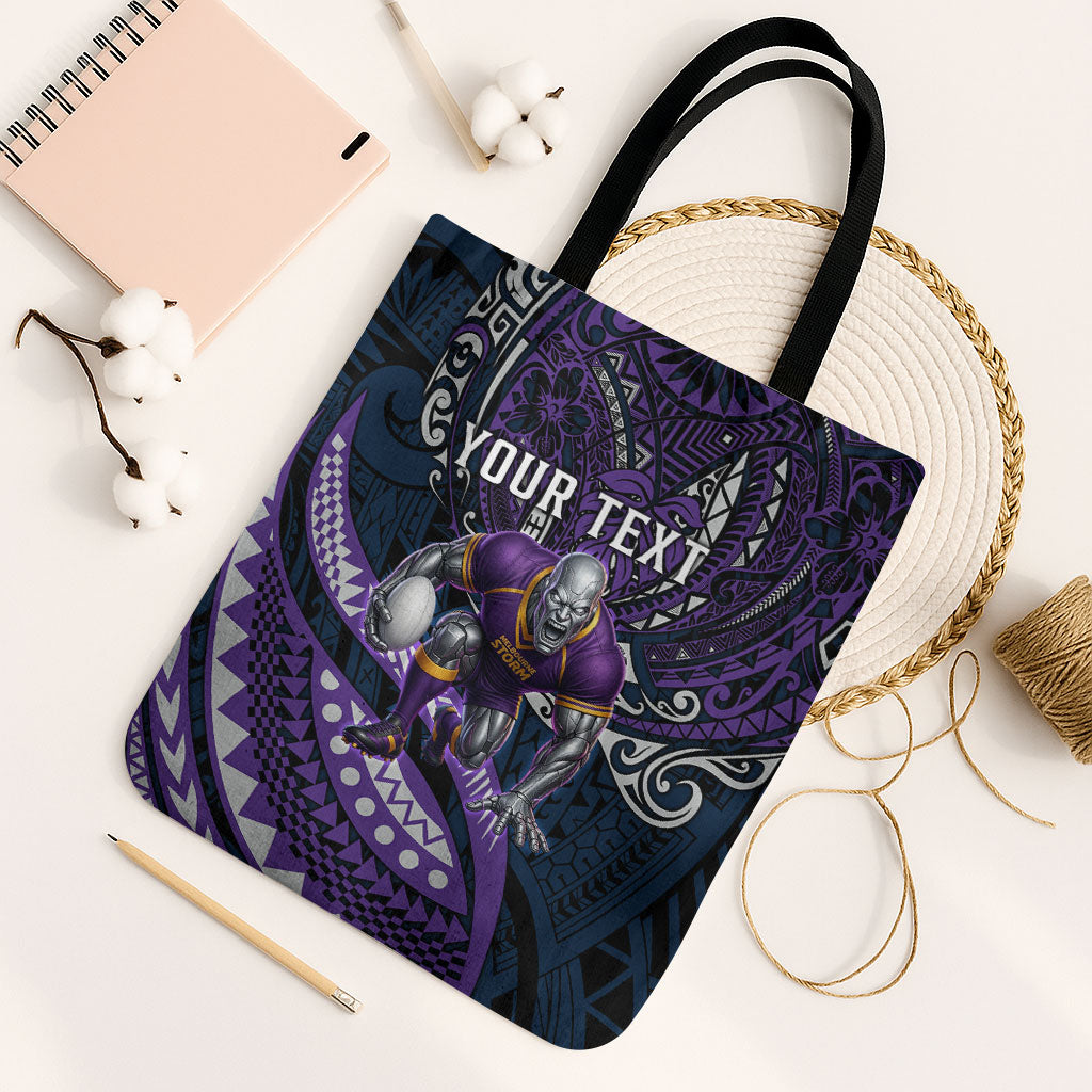 Personalised Melbourne Storm Tote Bag Polynesian Tribal Art Style With Cyborg Storm Mascot