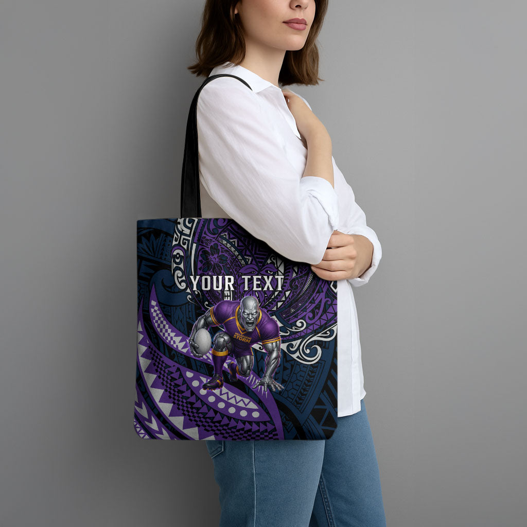 Personalised Melbourne Storm Tote Bag Polynesian Tribal Art Style With Cyborg Storm Mascot