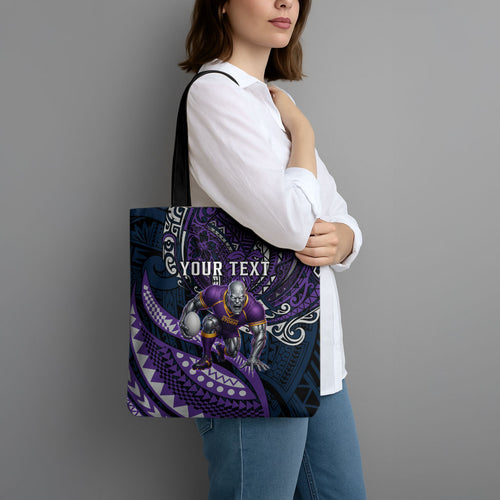 Personalised Melbourne Storm Tote Bag Polynesian Tribal Art Style With Cyborg Storm Mascot