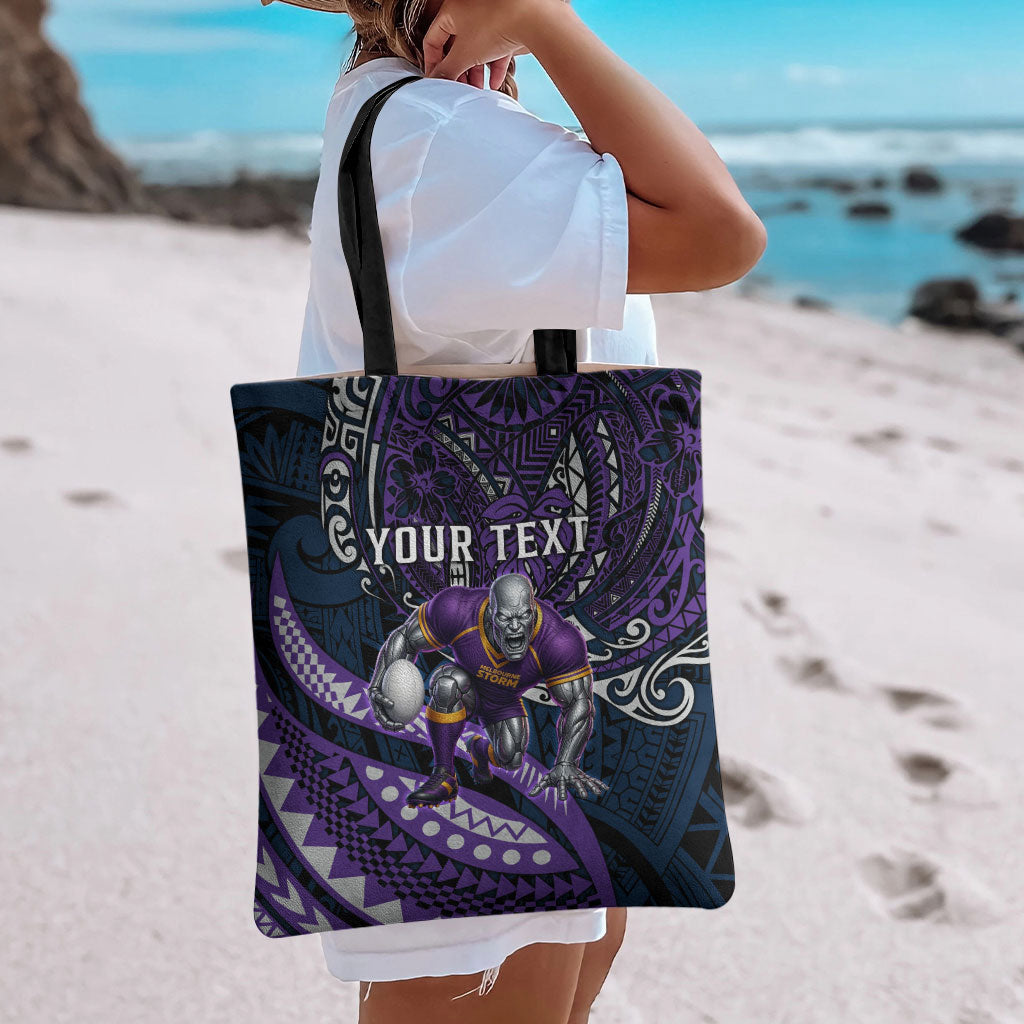 Personalised Melbourne Storm Tote Bag Polynesian Tribal Art Style With Cyborg Storm Mascot