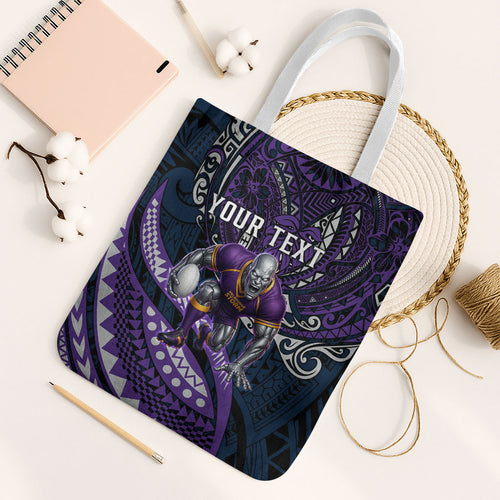 Personalised Melbourne Storm Tote Bag Polynesian Tribal Art Style With Cyborg Storm Mascot
