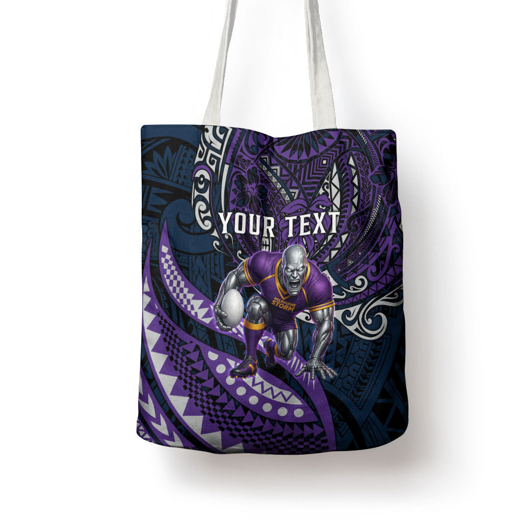 Personalised Melbourne Storm Tote Bag Polynesian Tribal Art Style With Cyborg Storm Mascot