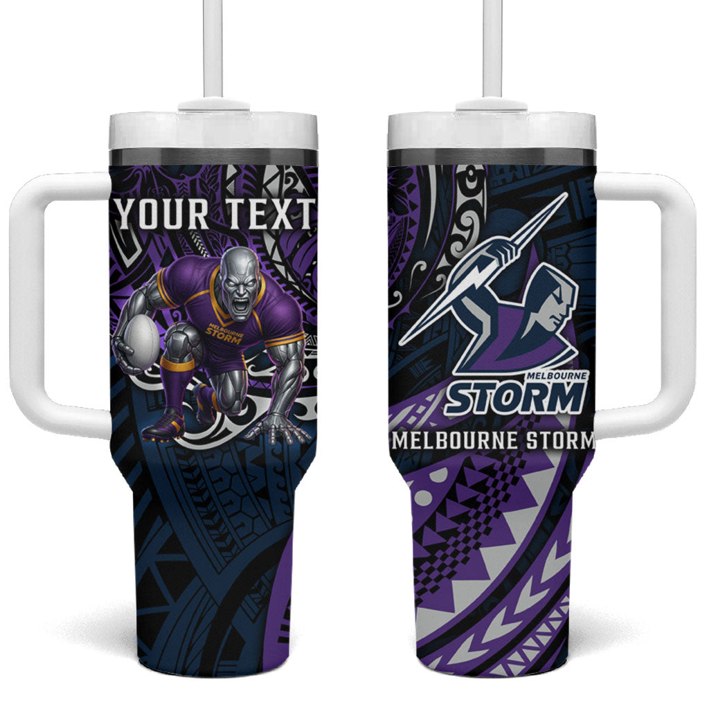 Personalised Melbourne Storm Tumbler With Handle Polynesian Tribal Art Style With Cyborg Storm Mascot