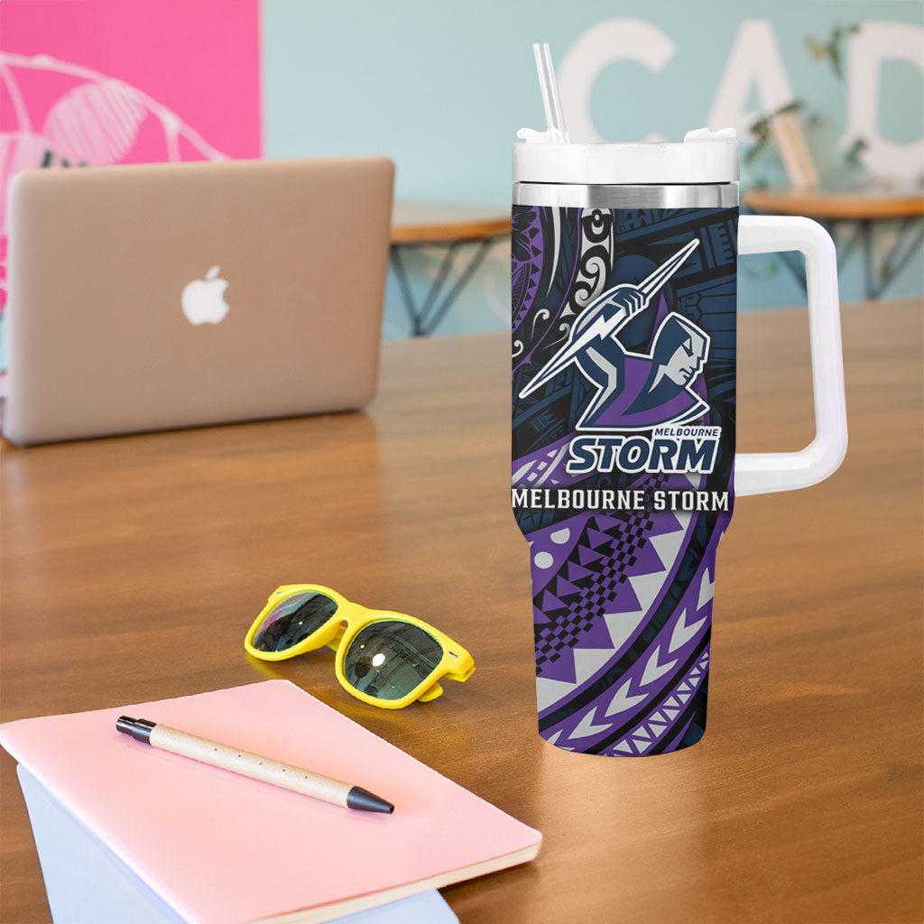 Personalised Melbourne Storm Tumbler With Handle Polynesian Tribal Art Style With Cyborg Storm Mascot