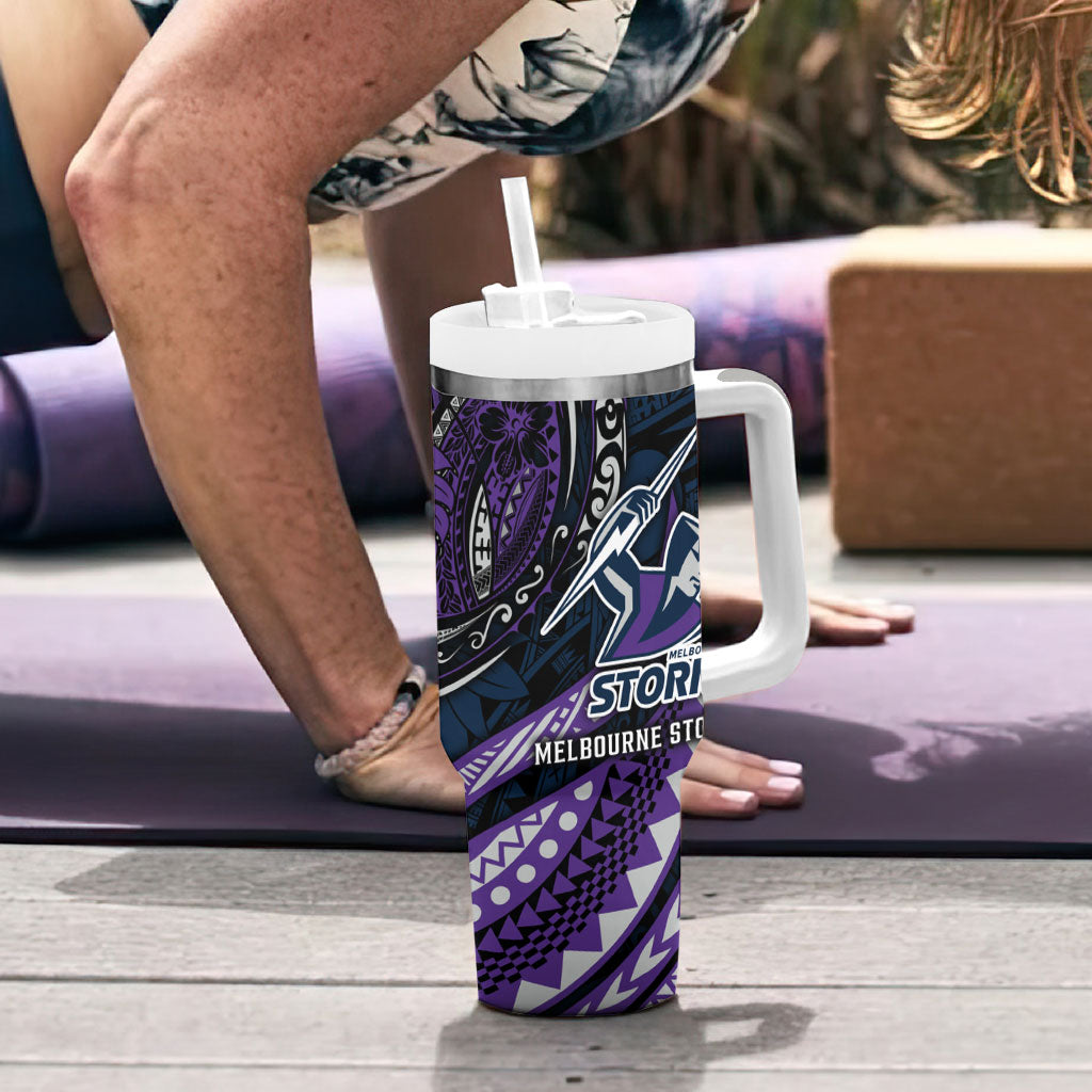 Personalised Melbourne Storm Tumbler With Handle Polynesian Tribal Art Style With Cyborg Storm Mascot