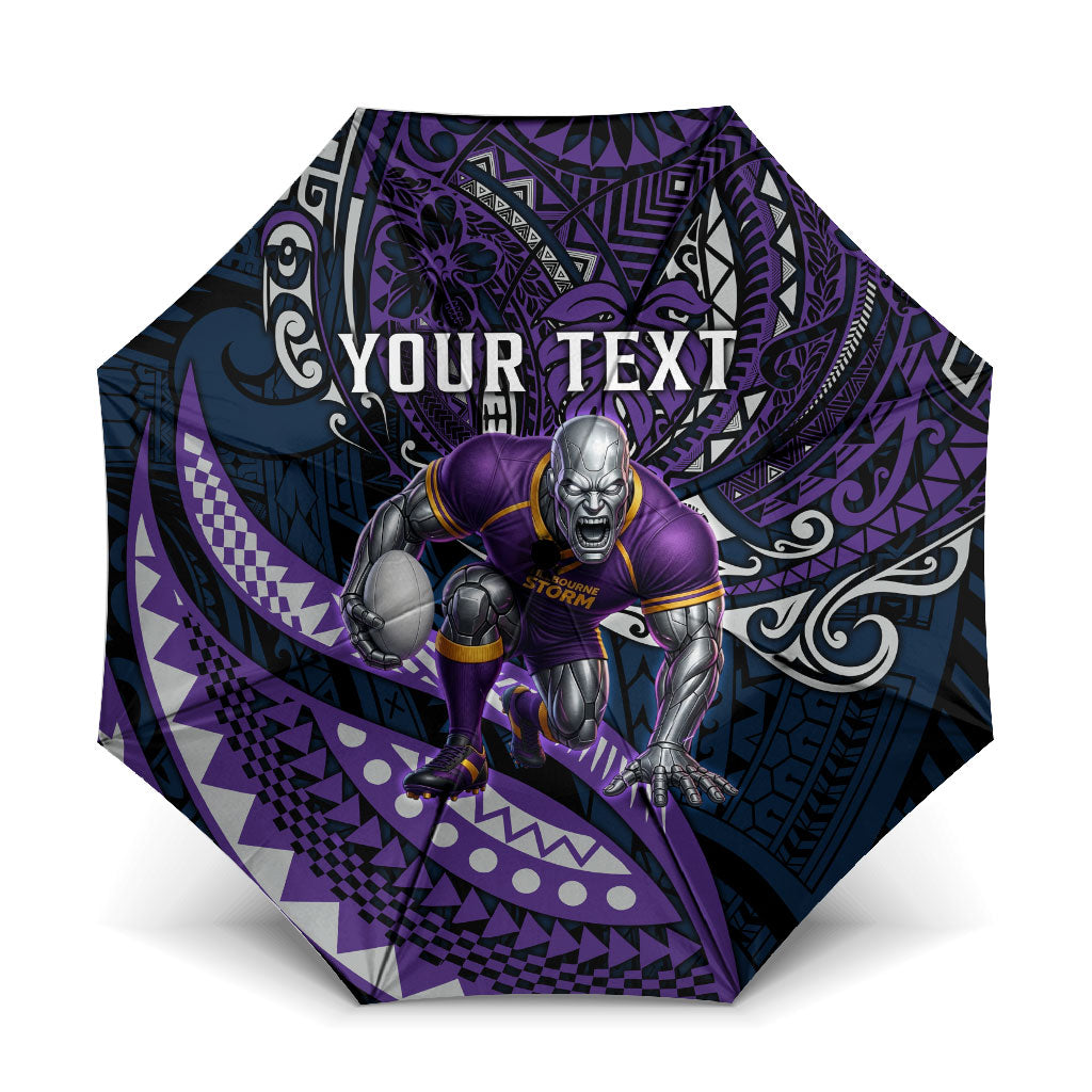 Personalised Melbourne Storm Umbrella Polynesian Tribal Art Style With Cyborg Storm Mascot
