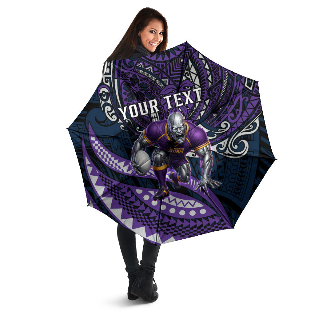 Personalised Melbourne Storm Umbrella Polynesian Tribal Art Style With Cyborg Storm Mascot