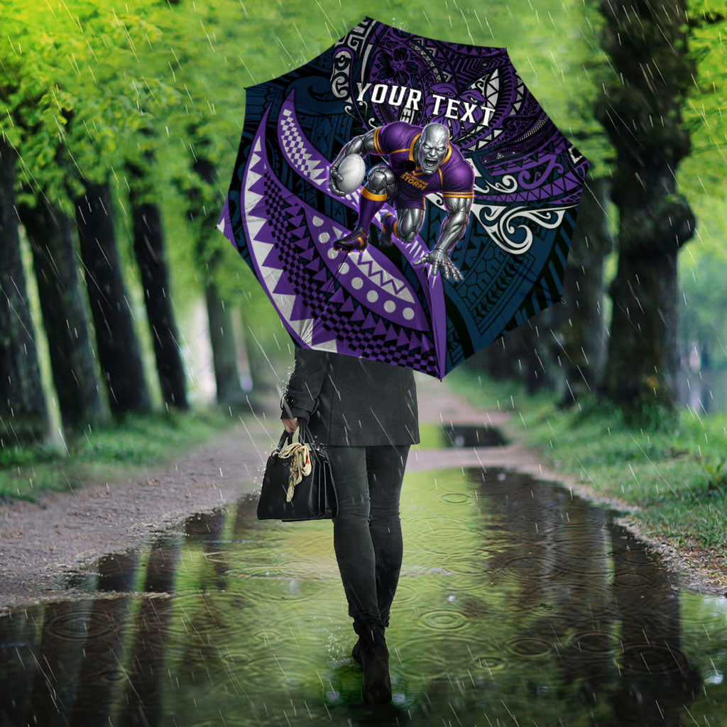Personalised Melbourne Storm Umbrella Polynesian Tribal Art Style With Cyborg Storm Mascot