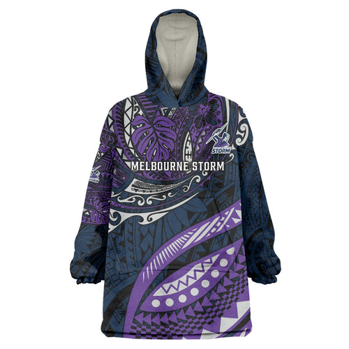 Personalised Melbourne Storm Wearable Blanket Hoodie Polynesian Tribal Art Style With Cyborg Storm Mascot