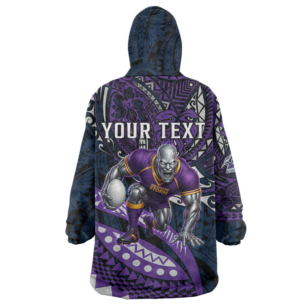 Personalised Melbourne Storm Wearable Blanket Hoodie Polynesian Tribal Art Style With Cyborg Storm Mascot