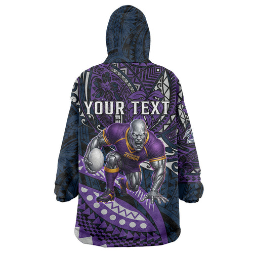 Personalised Melbourne Storm Wearable Blanket Hoodie Polynesian Tribal Art Style With Cyborg Storm Mascot