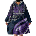 Personalised Melbourne Storm Wearable Blanket Hoodie Polynesian Tribal Art Style With Cyborg Storm Mascot