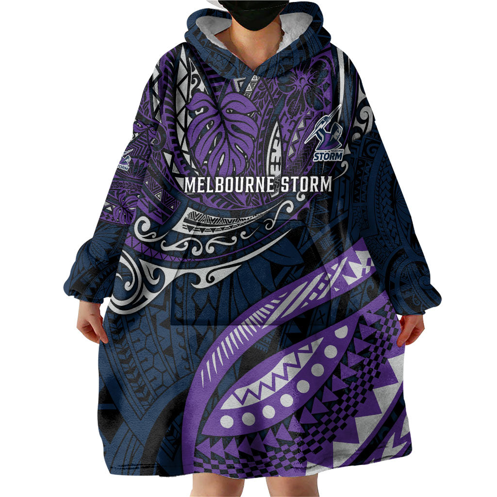 Personalised Melbourne Storm Wearable Blanket Hoodie Polynesian Tribal Art Style With Cyborg Storm Mascot