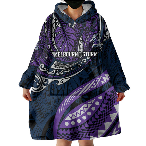 Personalised Melbourne Storm Wearable Blanket Hoodie Polynesian Tribal Art Style With Cyborg Storm Mascot