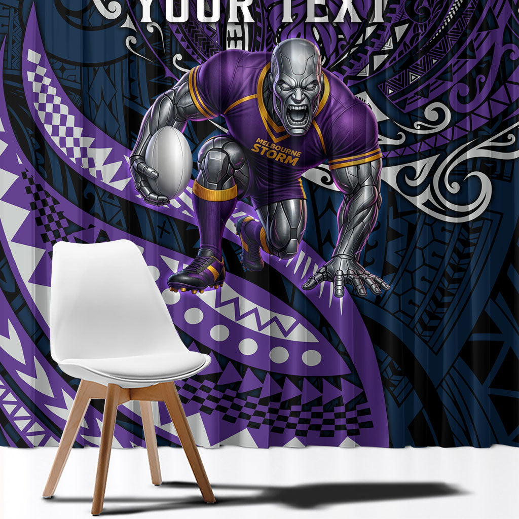 Personalised Melbourne Storm Window Curtain Polynesian Tribal Art Style With Cyborg Storm Mascot
