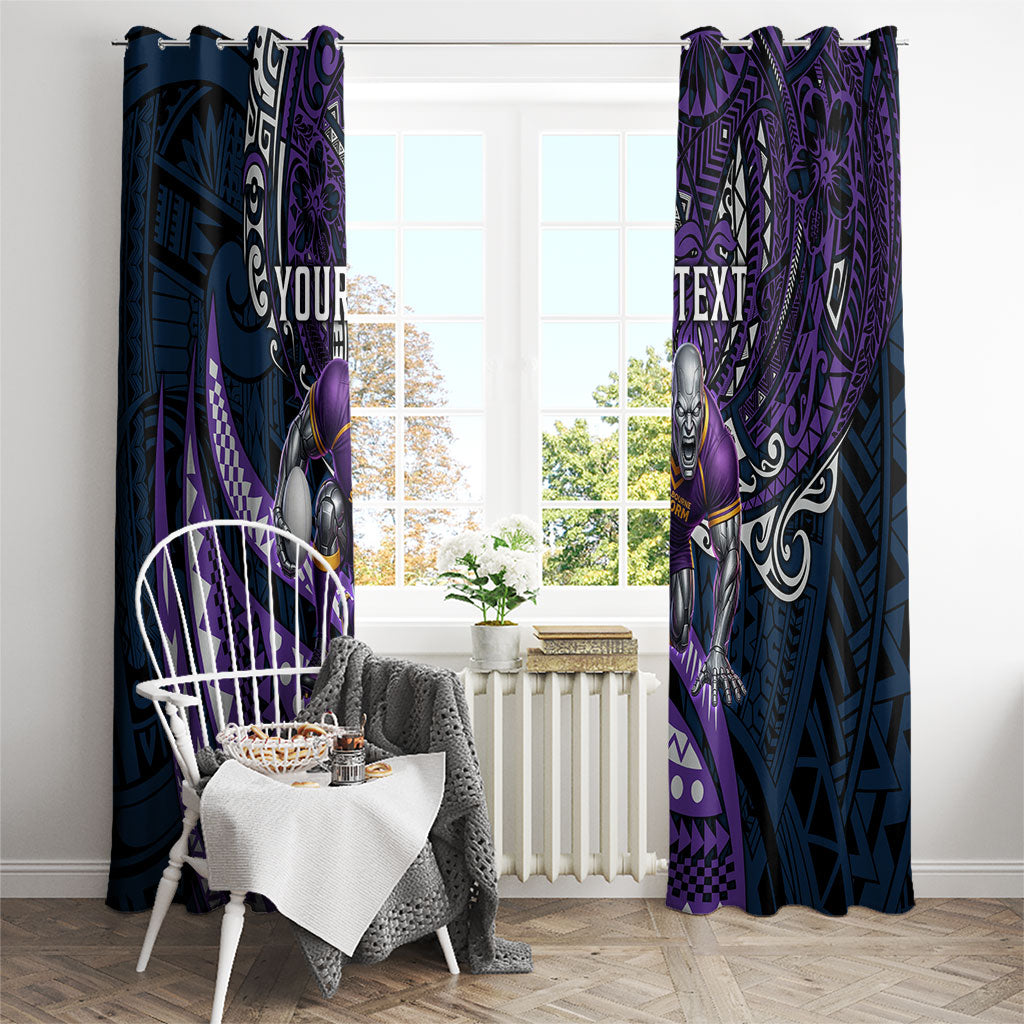 Personalised Melbourne Storm Window Curtain Polynesian Tribal Art Style With Cyborg Storm Mascot