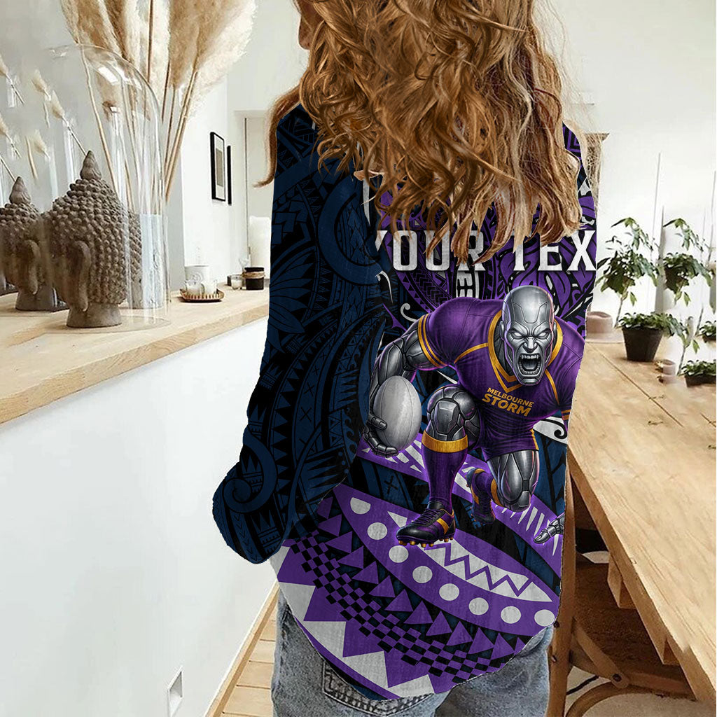 Personalised Melbourne Storm Women Casual Shirt Polynesian Tribal Art Style With Cyborg Storm Mascot