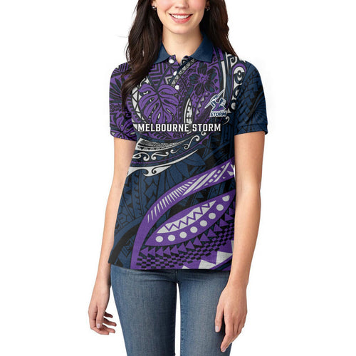Personalised Melbourne Storm Women Polo Shirt Polynesian Tribal Art Style With Cyborg Storm Mascot