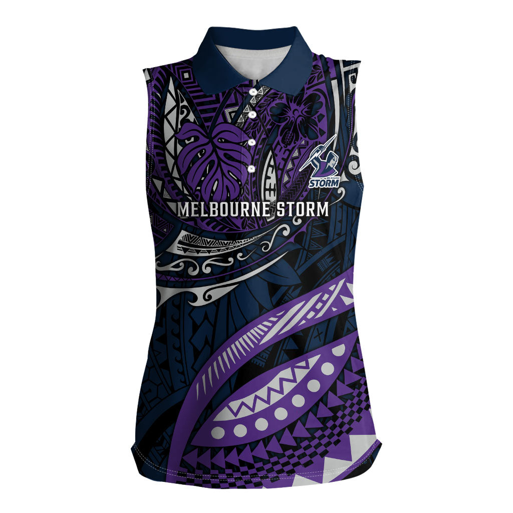 Personalised Melbourne Storm Women Sleeveless Polo Shirt Polynesian Tribal Art Style With Cyborg Storm Mascot