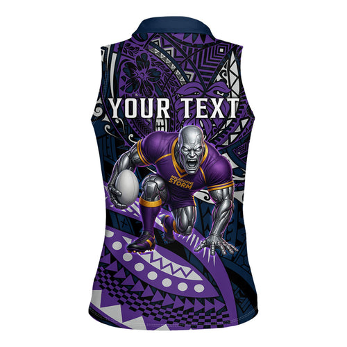 Personalised Melbourne Storm Women Sleeveless Polo Shirt Polynesian Tribal Art Style With Cyborg Storm Mascot