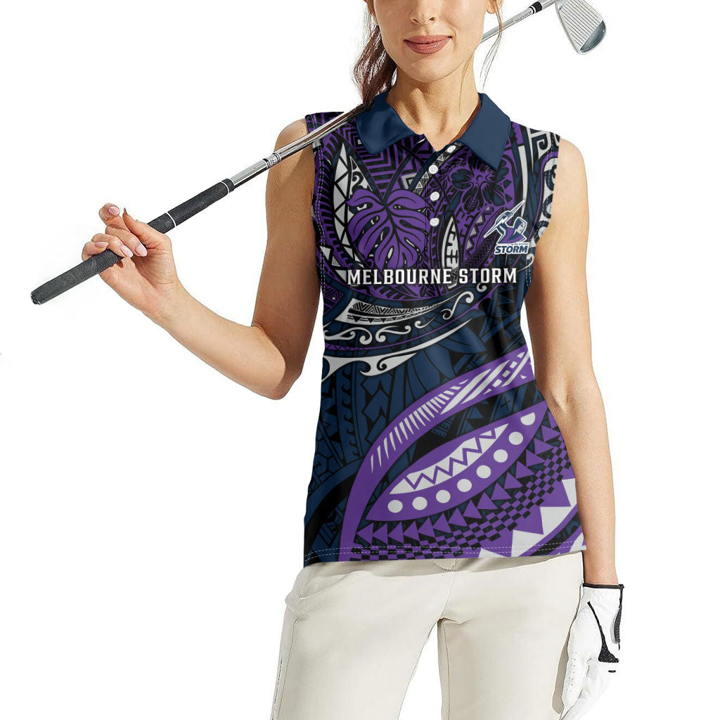 Personalised Melbourne Storm Women Sleeveless Polo Shirt Polynesian Tribal Art Style With Cyborg Storm Mascot