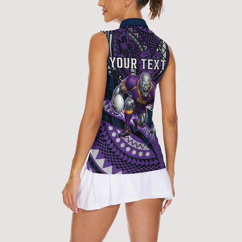 Personalised Melbourne Storm Women Sleeveless Polo Shirt Polynesian Tribal Art Style With Cyborg Storm Mascot