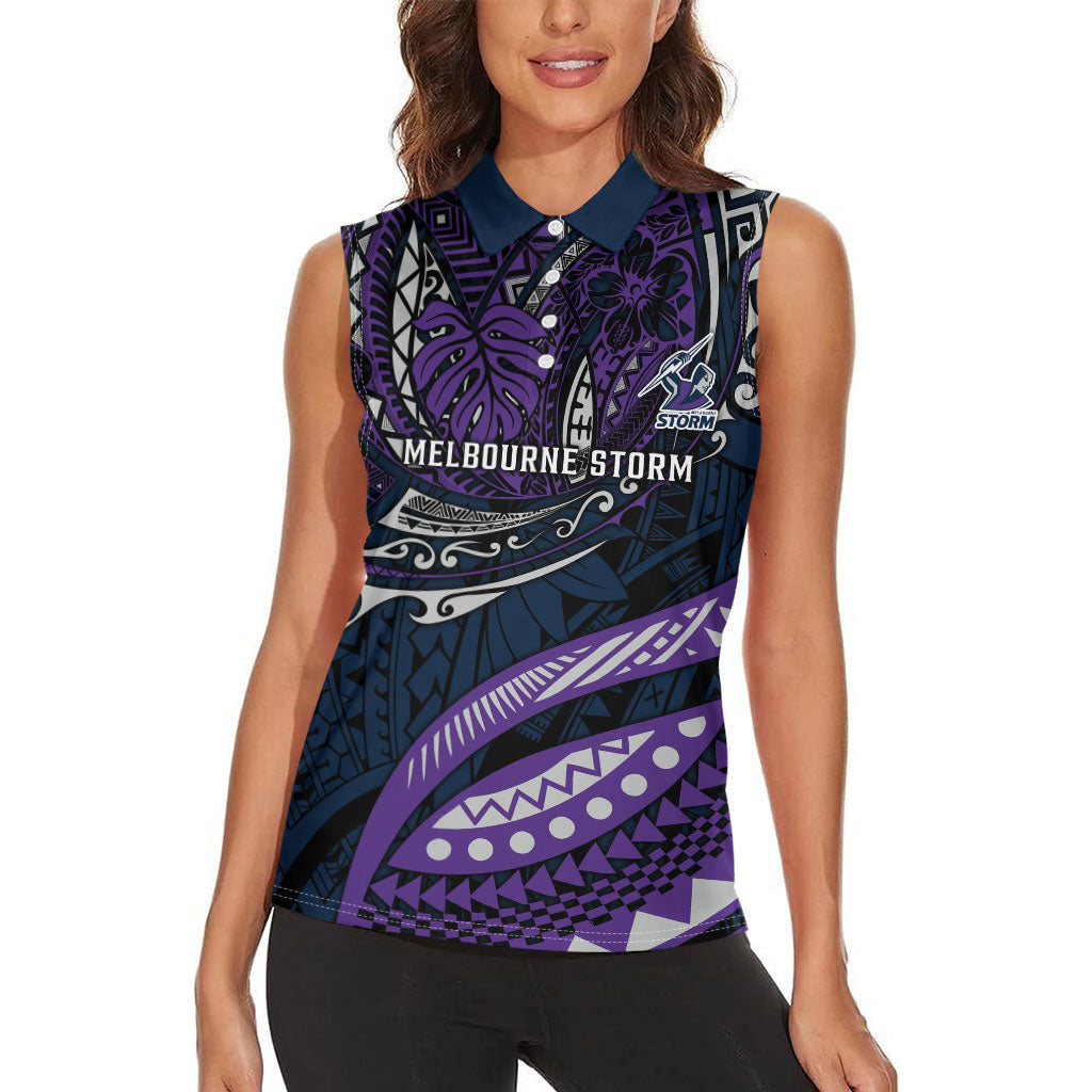 Personalised Melbourne Storm Women Sleeveless Polo Shirt Polynesian Tribal Art Style With Cyborg Storm Mascot