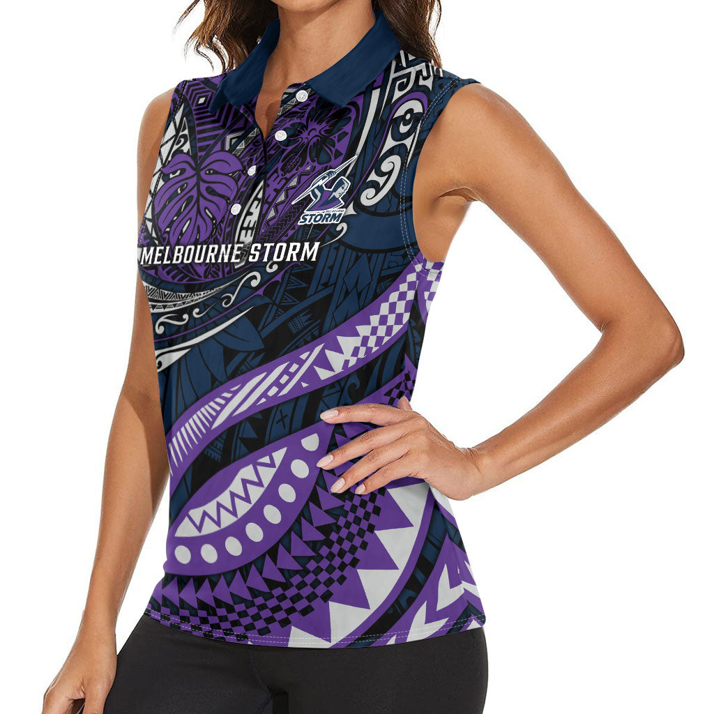 Personalised Melbourne Storm Women Sleeveless Polo Shirt Polynesian Tribal Art Style With Cyborg Storm Mascot