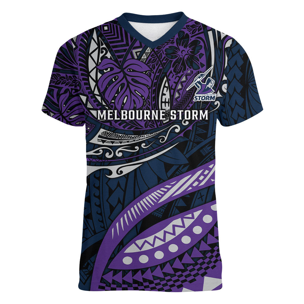 Personalised Melbourne Storm Women V-Neck T-Shirt Polynesian Tribal Art Style With Cyborg Storm Mascot