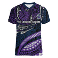 Personalised Melbourne Storm Women V-Neck T-Shirt Polynesian Tribal Art Style With Cyborg Storm Mascot