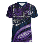 Personalised Melbourne Storm Women V-Neck T-Shirt Polynesian Tribal Art Style With Cyborg Storm Mascot