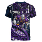 Personalised Melbourne Storm Women V-Neck T-Shirt Polynesian Tribal Art Style With Cyborg Storm Mascot