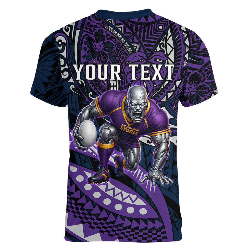 Personalised Melbourne Storm Women V-Neck T-Shirt Polynesian Tribal Art Style With Cyborg Storm Mascot