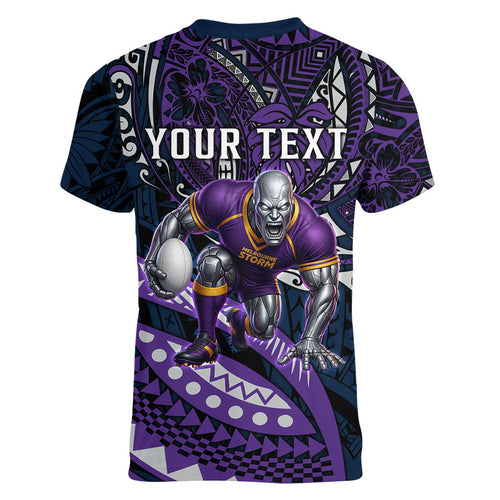 Personalised Melbourne Storm Women V-Neck T-Shirt Polynesian Tribal Art Style With Cyborg Storm Mascot