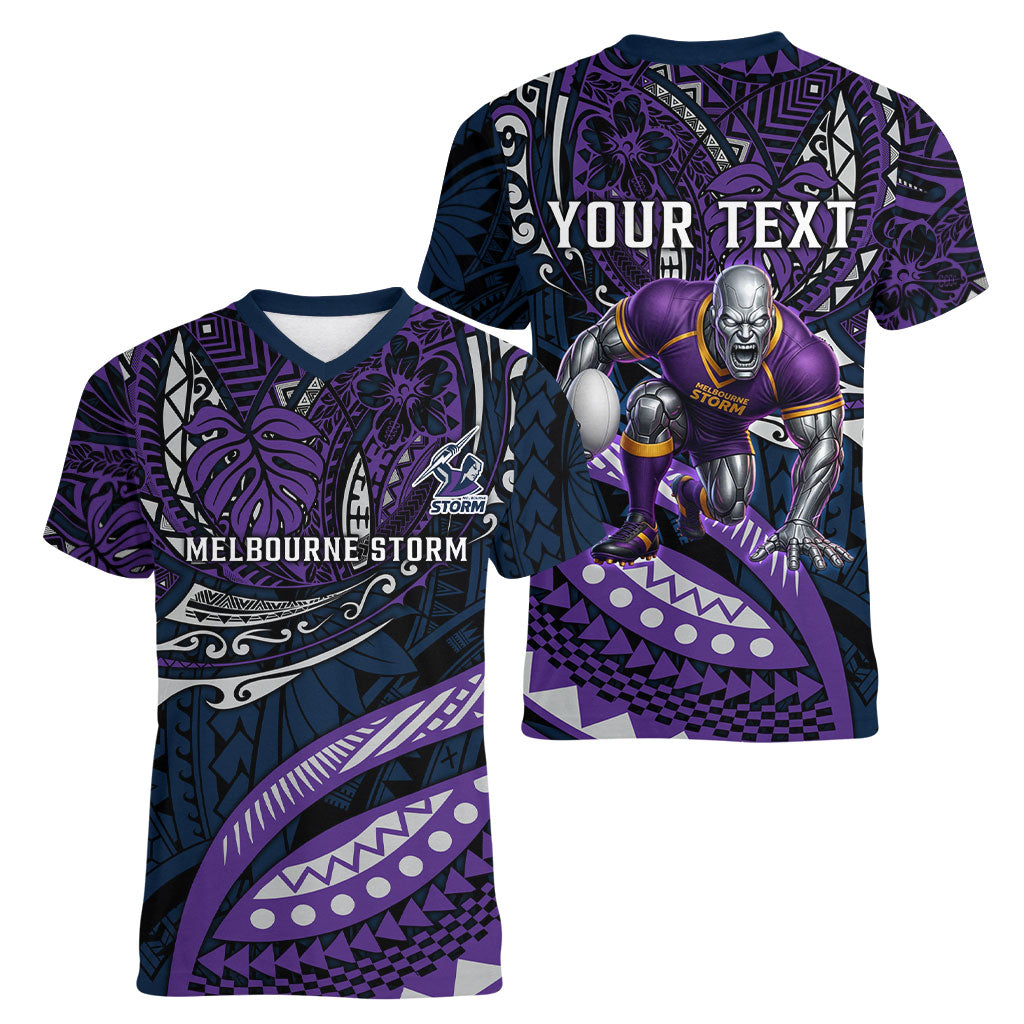 Personalised Melbourne Storm Women V-Neck T-Shirt Polynesian Tribal Art Style With Cyborg Storm Mascot