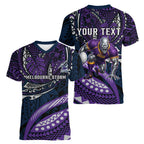 Personalised Melbourne Storm Women V-Neck T-Shirt Polynesian Tribal Art Style With Cyborg Storm Mascot