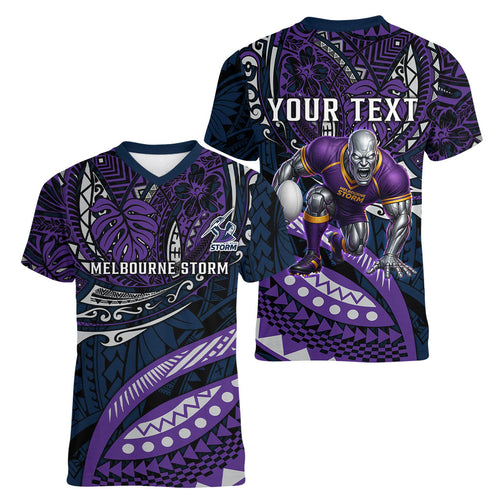 Personalised Melbourne Storm Women V-Neck T-Shirt Polynesian Tribal Art Style With Cyborg Storm Mascot