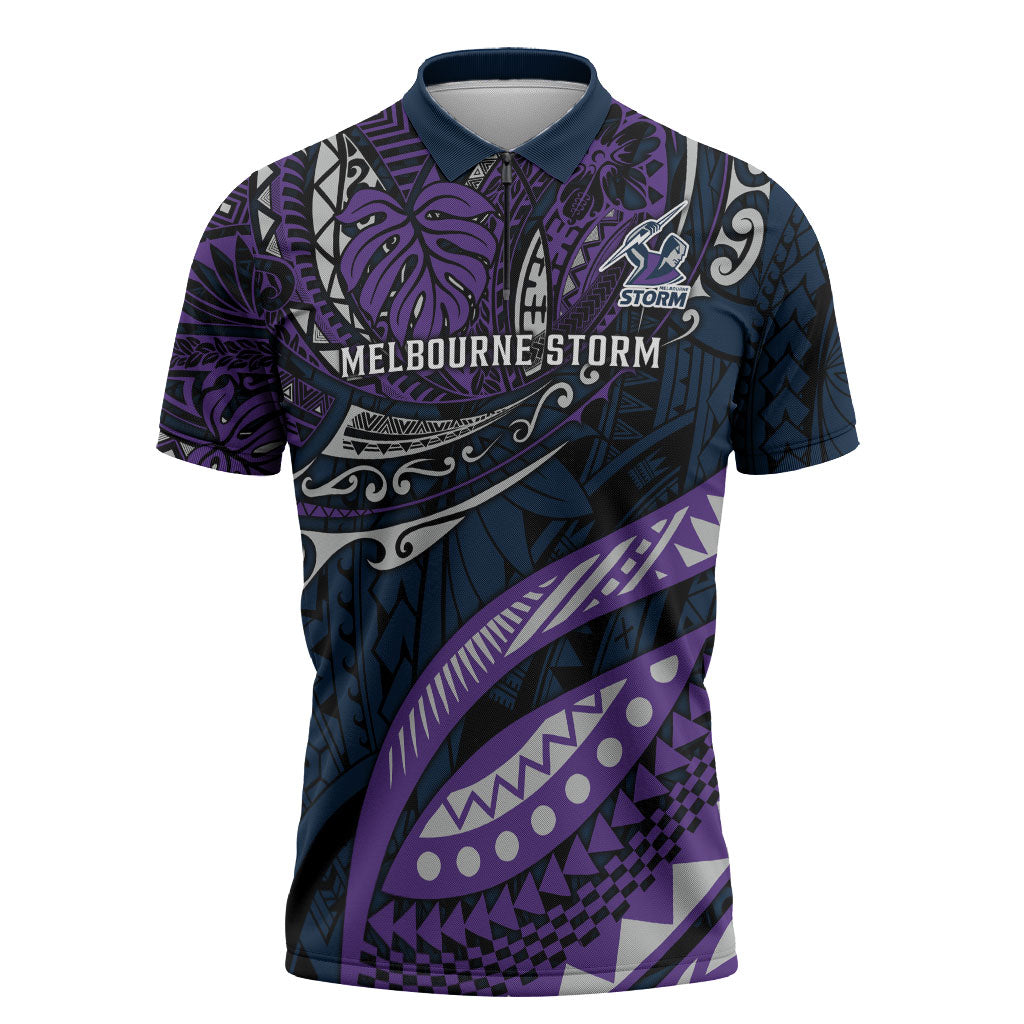 Personalised Melbourne Storm Zipper Polo Shirt Polynesian Tribal Art Style With Cyborg Storm Mascot