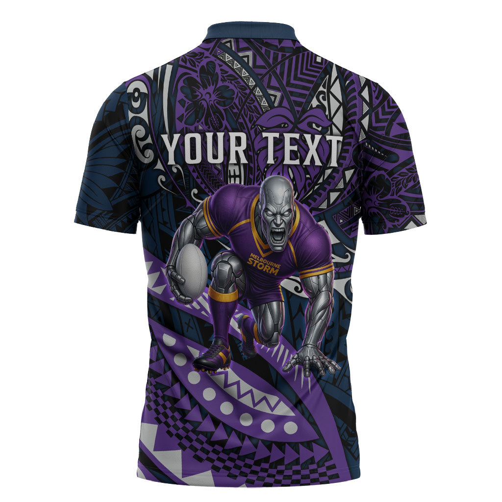 Personalised Melbourne Storm Zipper Polo Shirt Polynesian Tribal Art Style With Cyborg Storm Mascot