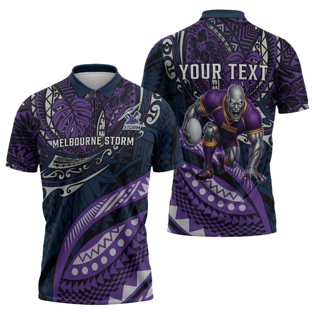 Personalised Melbourne Storm Zipper Polo Shirt Polynesian Tribal Art Style With Cyborg Storm Mascot