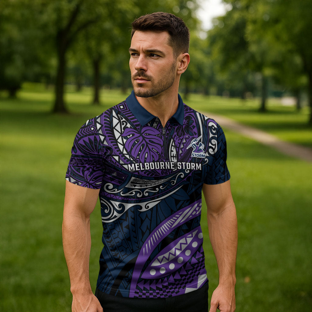 Personalised Melbourne Storm Zipper Polo Shirt Polynesian Tribal Art Style With Cyborg Storm Mascot