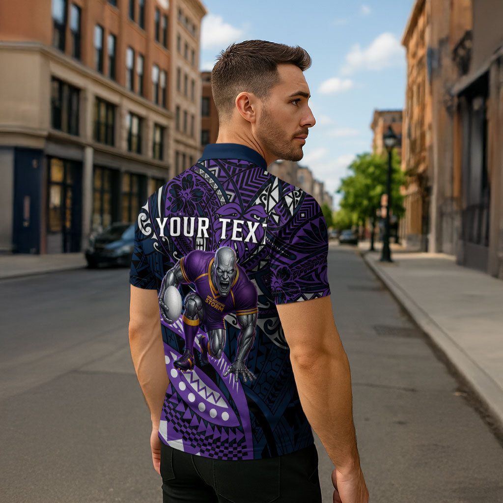 Personalised Melbourne Storm Zipper Polo Shirt Polynesian Tribal Art Style With Cyborg Storm Mascot