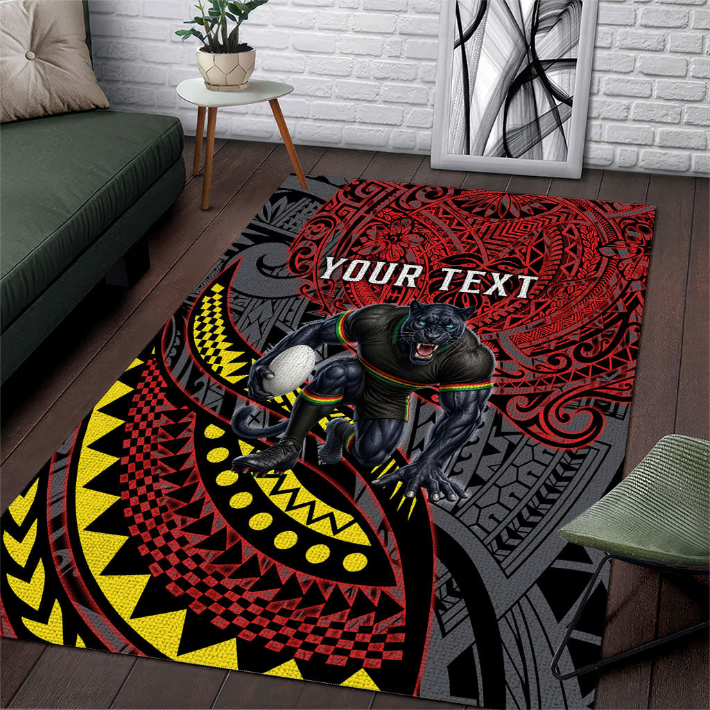 Personalised Penrith Panthers Area Rug Polynesian Tribal Art Style With Fierce Panther Mascot