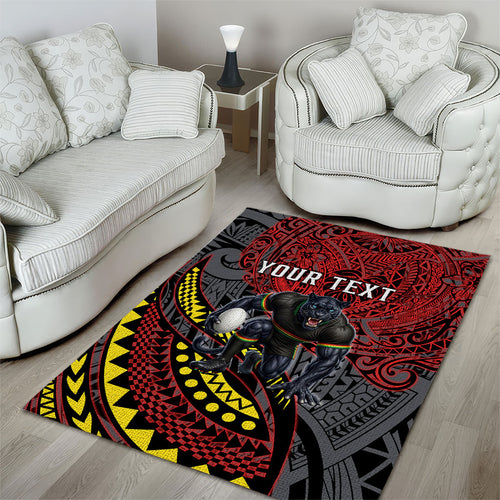 Personalised Penrith Panthers Area Rug Polynesian Tribal Art Style With Fierce Panther Mascot