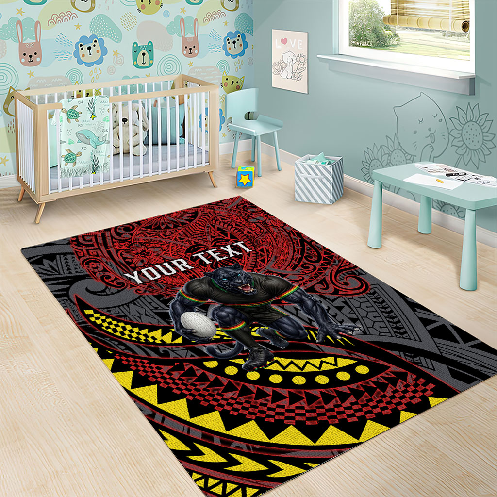 Personalised Penrith Panthers Area Rug Polynesian Tribal Art Style With Fierce Panther Mascot